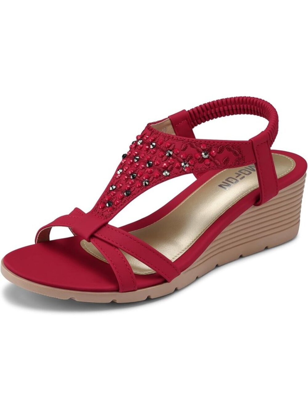 Women's All Red Elastic Open Toe Flower Low Wedge Heels Platform Sandal Shoes